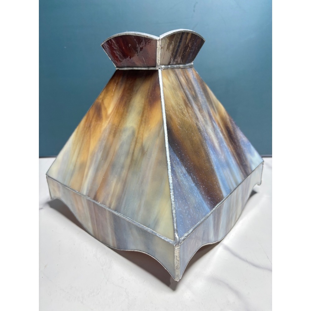 Vintage Stained Slag Glass Lamp Shade Square Amber Brown Mission Style 7 in